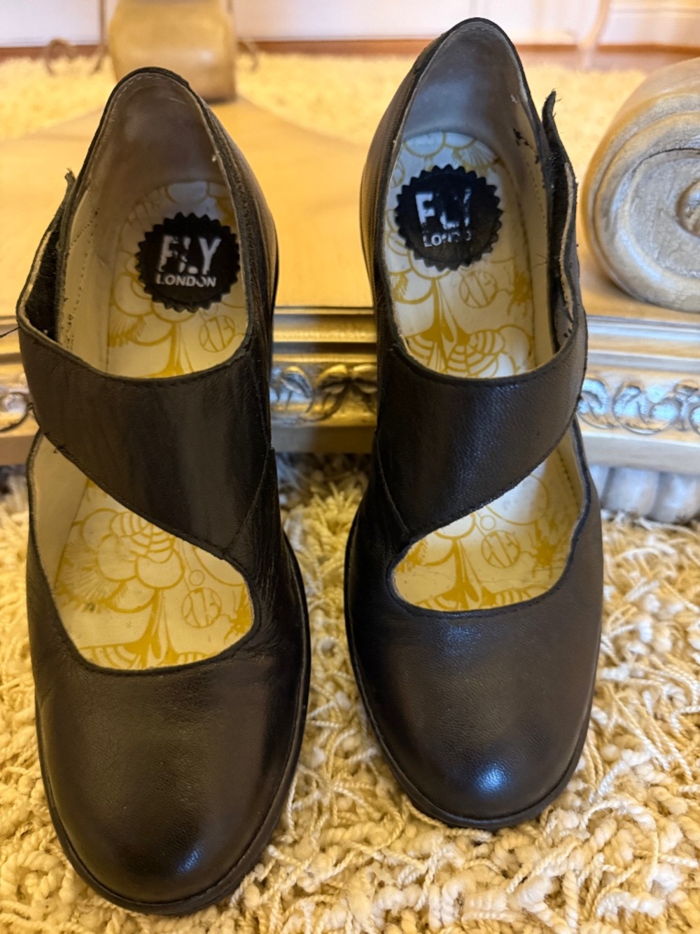 FLY London Platform Mary Jane Shoes Womens EU 38 Black Leather Wedge Heel